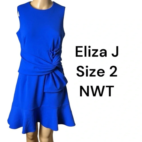 Eliza J. dress,women size 2.NWT blue,sleeveless,ruffles,draped bow,zipper,event - Picture 1 of 12